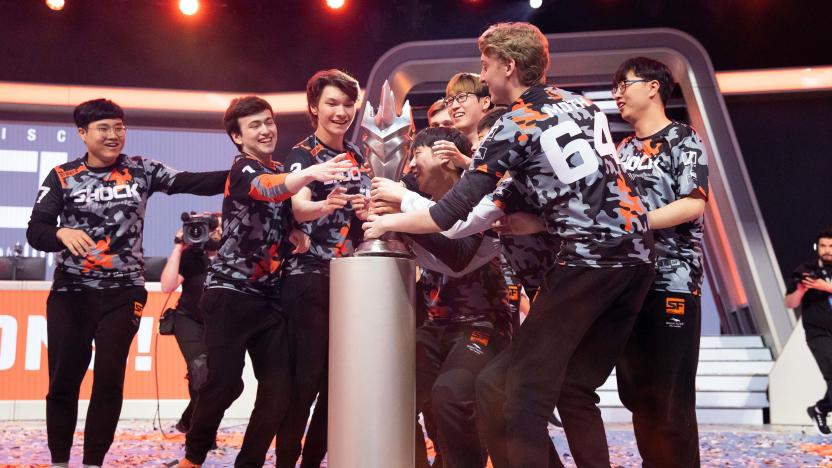 Sep 29, 2019; Philadelphia, PA, USA; The San Francisco Shock celebrate their victory in the 2019 Overwatch League Grand Finals e-sports championship against the Vancouver Titans at Wells Fargo Center. Mandatory Credit: Bill Streicher-USA TODAY Sports