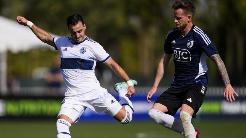 Feb 12, 2023; Indio, CA, USA; Vancouver Whitecaps defender Javain Brown (23) shoots the ball against St. Louis City SC at Empire Polo Club. Mandatory Credit: Kelvin Kuo-USA TODAY Sports