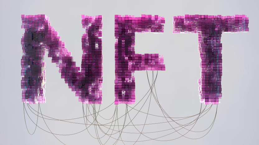 Digital generated image of semi transparent cubes connecting together and forming big letters NFT visualising blockchain technology and non-fungible token art.