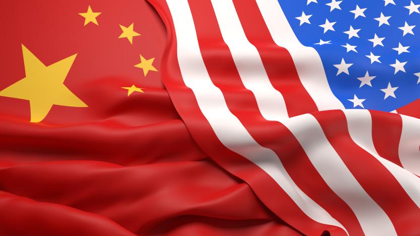 The flags of China and the USA overlapping