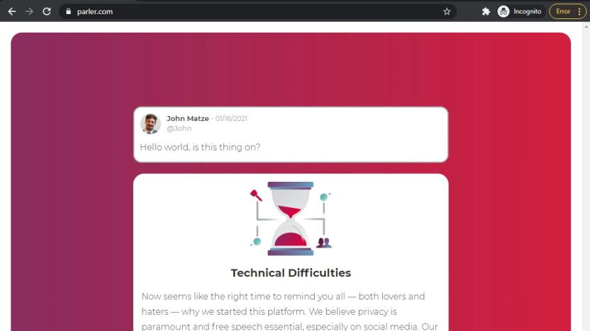 A screengrab of Parler.com website and Parler CEO John Matze's message on January 16, 2021, reading "Hello world, is this thing on?", seen in this picture obtained on January 17, 2021 from social media. PARLER.COM WEBSITE /via REUTERS THIS IMAGE HAS BEEN SUPPLIED BY A THIRD PARTY.