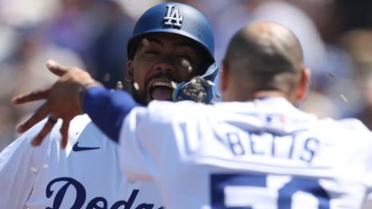 Getty Images - LOS ANGELES, CALIFORNIA - MAY 05: Teoscar Hernández #37 of the Los Angeles Dodgers celebrates his two run home run with Mookie Betts #50, to take a 4-0 lead over the Atlanta Braves, during the fourth inning at Dodger Stadium on May 05, 2024 in Los Angeles, California. (Photo by Harry How/Getty Images)