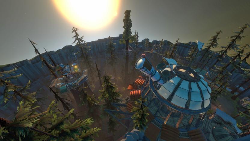 A still from the video game 'Outer Wilds' showing a futuristic observatory in a forest surrounded by cliffs.
