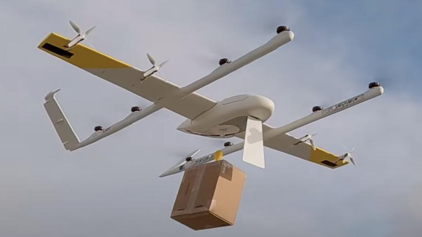 The new Wing drone holding a package. 
