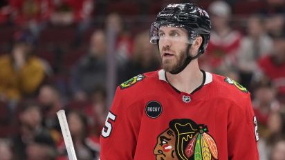 Getty Images - CHICAGO, ILLINOIS - MARCH 12: Jarred Tinordi #25 of the Chicago Blackhawks skates during the third period against the Anaheim Ducks at the United Center on March 12, 2024 in Chicago, Illinois. (Photo by Patrick McDermott/Getty Images)