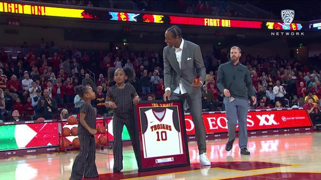 DeMar DeRozan has his No. 10 jersey lifted into the rafters for USC men's basketball