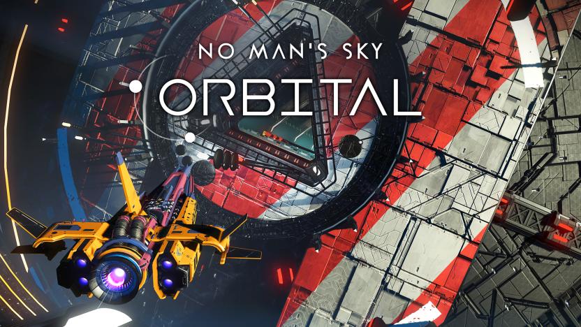 Title art for the No Man’s Sky: Orbital update. View from behind of a yellow ship approaching the entrance to a largely red and white space station.