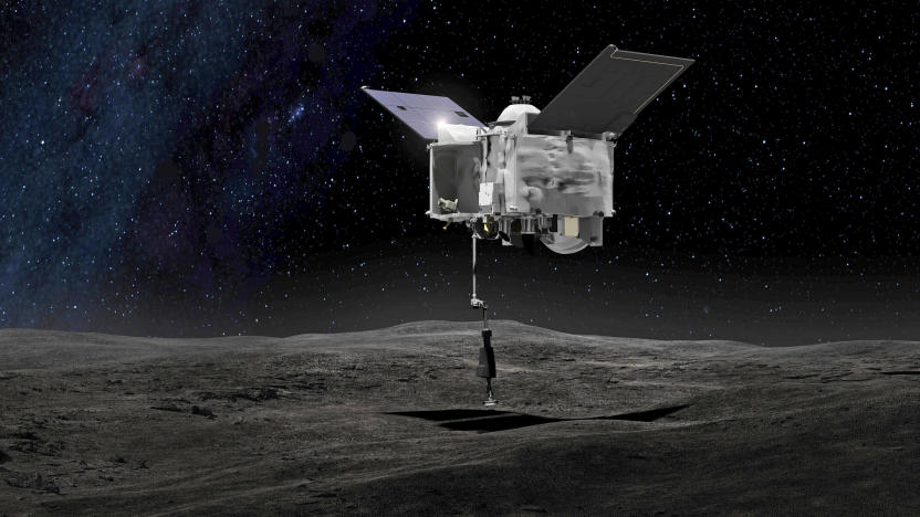 Esta representación artística, proporcionada por la NASA el 6 de septiembre de 2016, muestra a la nave espacial OSIRIS-REx tomando muestras del asteroide Bennu. 