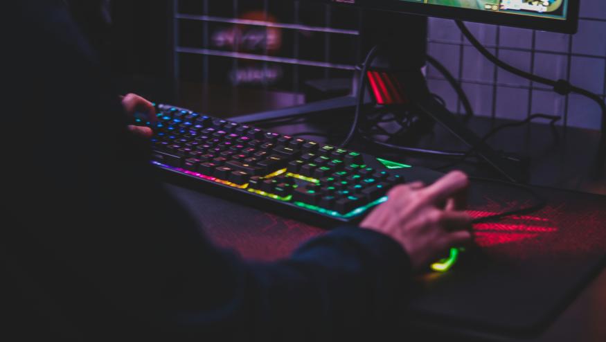 A person uses a keyboard and mouse to play a PC game.