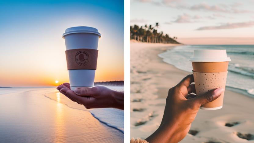 Split-screen comparison images of AI-generated photos of a hand holding a coffee cup. The one on the right has more convincing fingers.