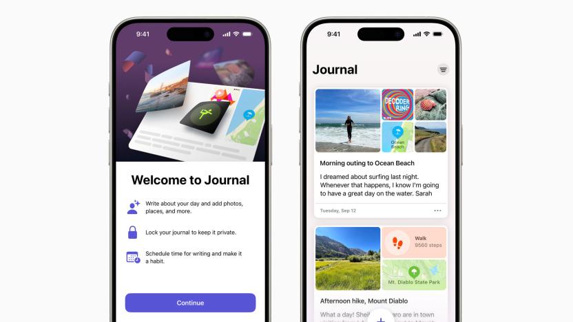 Two phone screen renderings show off the Apple Journal App.