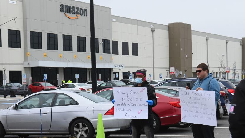 Amazon workers at Amazon's Staten Island warehouse strike in demand that the facility be shut down and cleaned after one staffer tested positive for the coronavirus on March 30, 2020 in New York. - Amazon employees at a New York City warehouse walk off the job March 30, 2020, as a growing number of delivery and warehouse workers demand better pay and protections in the midst of the COVID-19 pandemic. (Photo by Angela Weiss / AFP) (Photo by ANGELA WEISS/AFP via Getty Images)