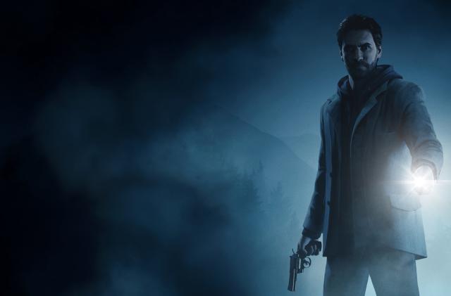 Still from ‘Alan Wake Remastered’ featuring the title character looking toward the viewer, holding a flashlight.