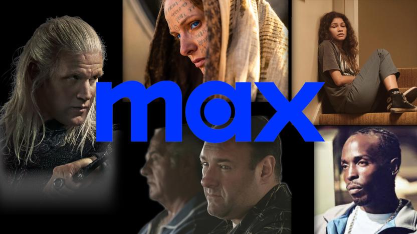 Collage of content from Max behind the Max logo. Characters from House of the Dragon, Dune: Part 2, Euphoria, The Wire and The Sopranos.