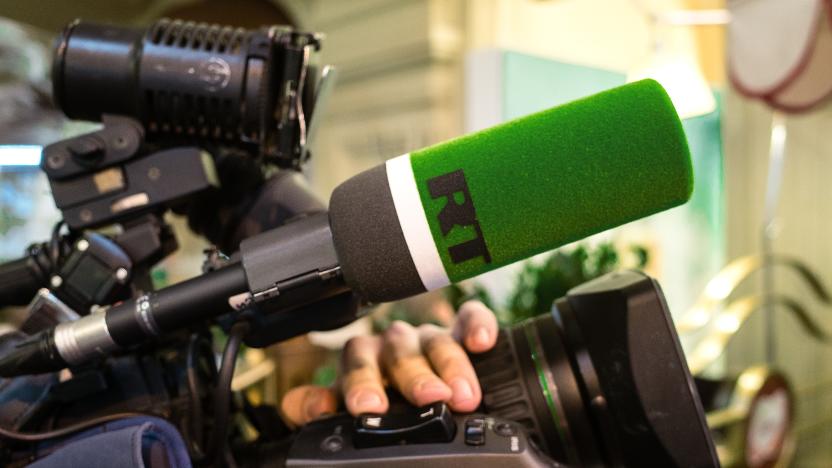 November 23, 2017 Moscow, Russia. Logo of the TV channel Russia Today on the microphone of the television camera.