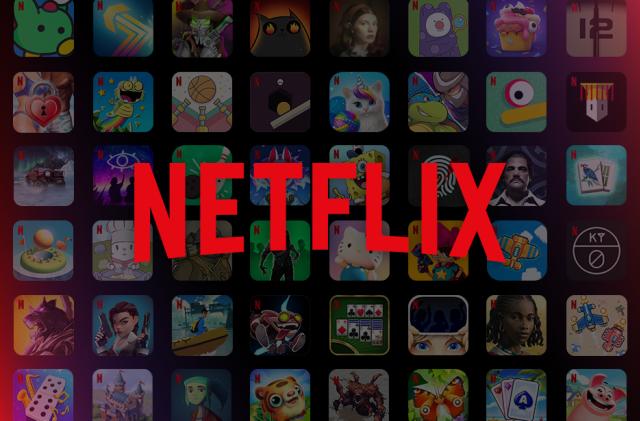 The Netflix logo superimposed over an array of game icons.