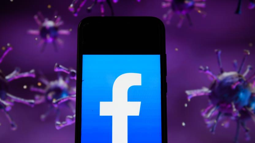 POLAND - 2020/04/28: In this photo illustration a facebook logo displayed on a smartphone with a COVID 19 sample image in the background. (Photo Illustration by Omar Marques/SOPA Images/LightRocket via Getty Images)