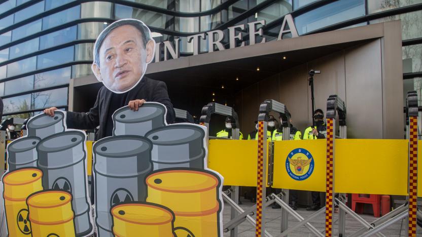 SEOUL, SOUTH KOREA - 2021/04/13: A cut out depicting Japanese Prime Minister Yoshihide Suga during the demonstration.
South Korean activists protest against the Japanese government's decision to discharge radioactive water from Fukushima Daiichi Nuclear Power Plant in Japan, in front of the Japanese Embassy in Seoul. (Photo by Jaewon Lee/SOPA Images/LightRocket via Getty Images)