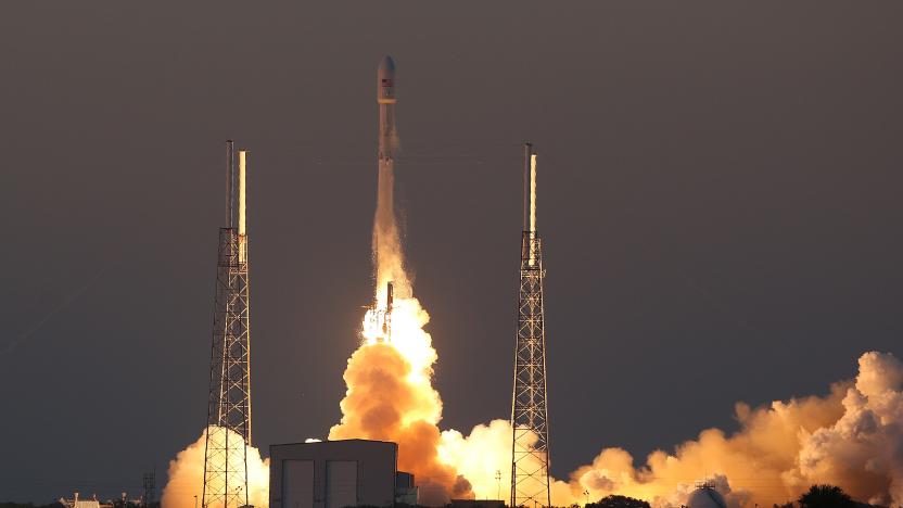 A SpaceX Falcon9 rocket blasts off the launch pad on Wednesday, Feb. 11, 2015, carrying the NOAA's Deep Space Climate Observatory spacecraft that will orbit between Earth and the sun, providing advanced warning of extreme emissions from the sun which can effect power grids and satellites close to earth. (Red Huber/Orlando Sentinel/Tribune News Service via Getty Images)