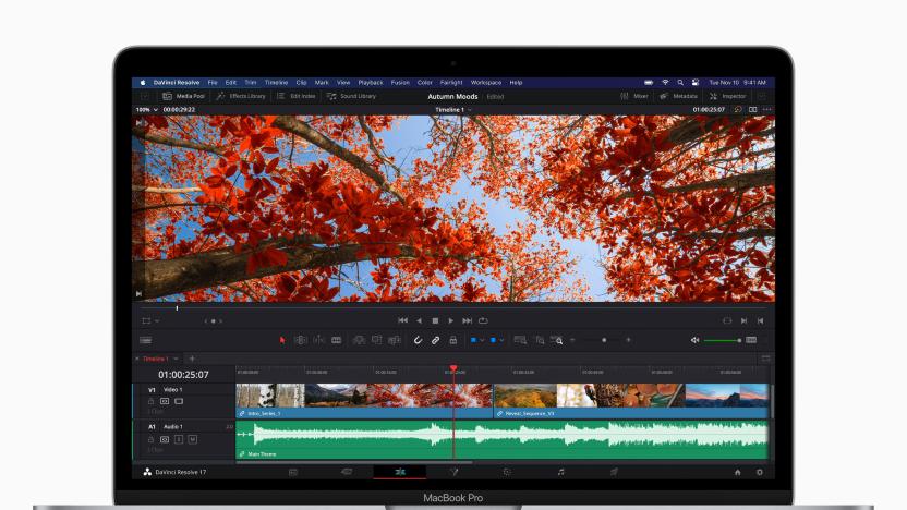 Promotional image of Apple's new M1-ified MacBook Pro running DaVinci Resolve