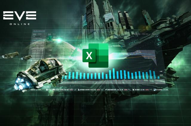 Marketing graphic for ‘EVE Online’ showing a space capsule and space station behind a Microsoft Excel logo