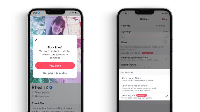 Screenshots of the Tinder app showing a feature that allows users to block another person and a way to activate an incognito mode.