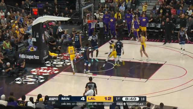 Naz Reid with a block vs the Los Angeles Lakers