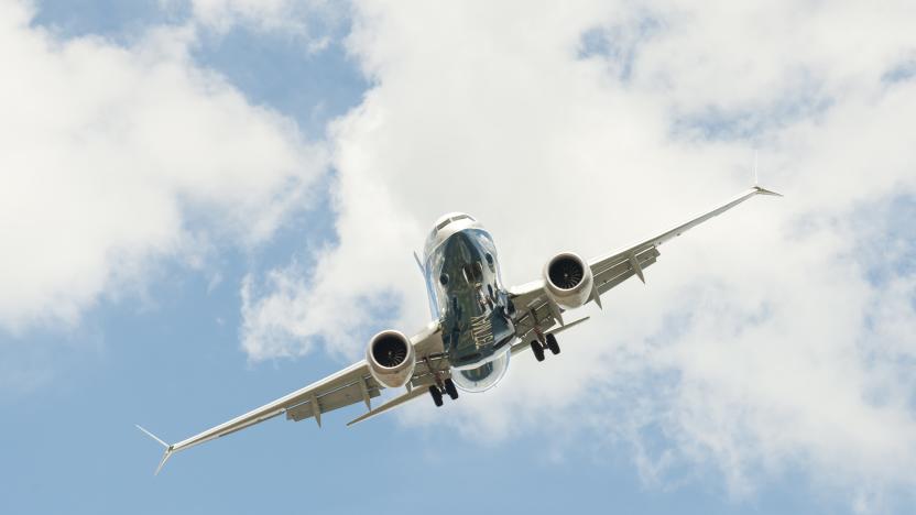 Farnborough, UK - July 16, 2018: Boeing 737 MAX on a steep angled landing descent to Farnborough Airport, UK