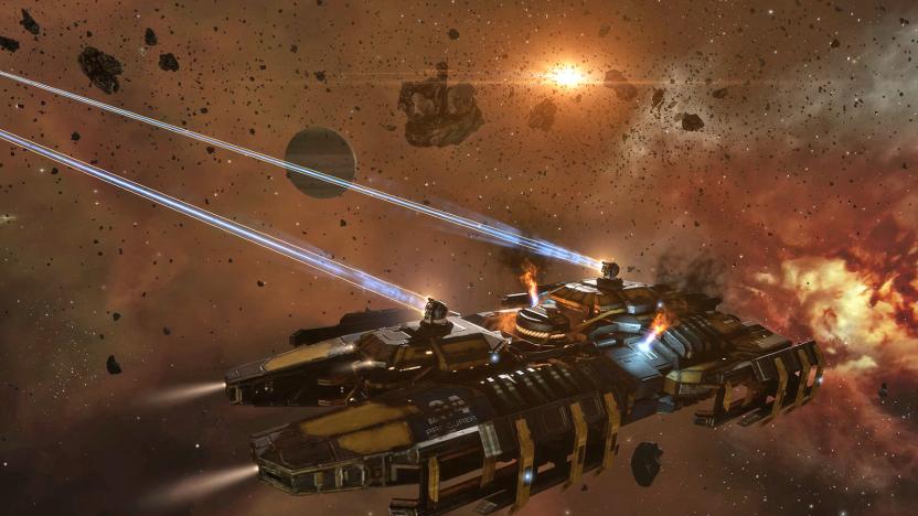A production still of a spaceship in  a laser battle from EVE Online video game.