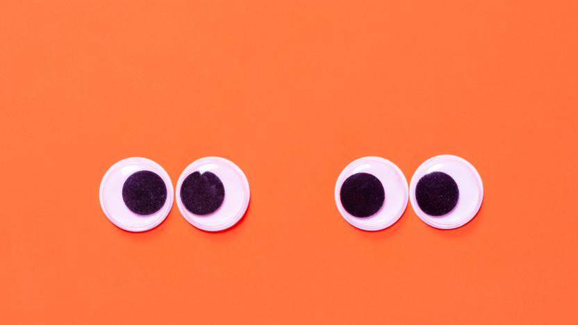 Googly eyes: One pair strabismus and squint mad googly eyes and one pair normal funny eyes next to each other on a orange background.