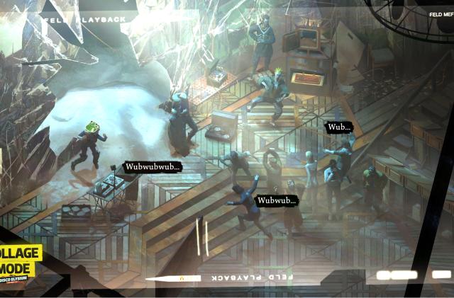 A screenshot of Disco Elysium's new Collage Mode, showing off a dubstep party. 