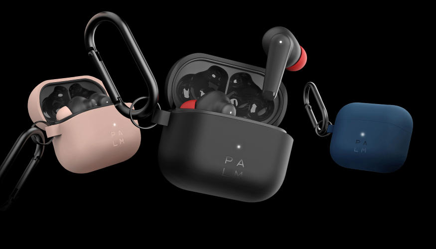 The new Palm-branded Buds Pro earbuds shown in three colors against a black background.