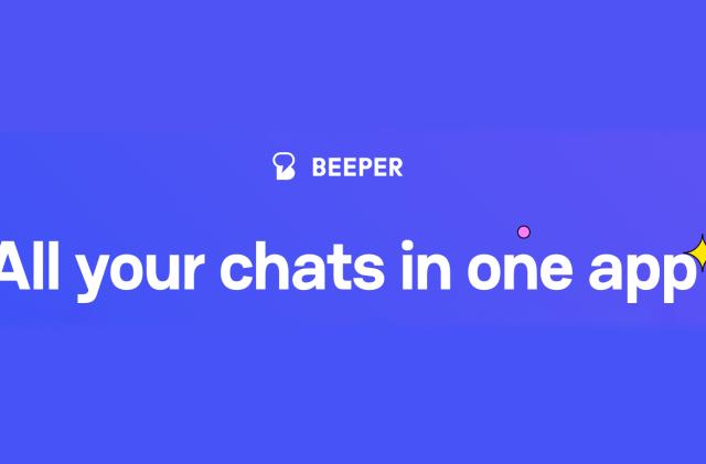 Promotion from the Beeper website. White text on purple background. Text: "Beeper. All your chats in one app."