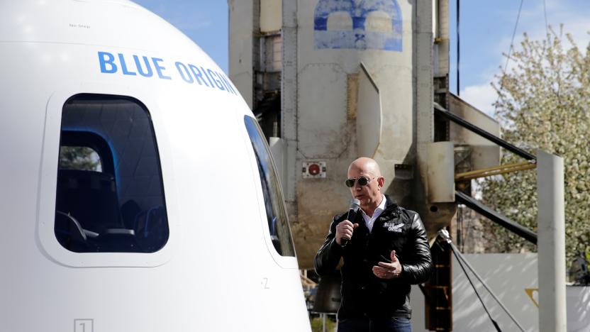 Amazon and Blue Origin founder Jeff Bezos addresses the media about the New Shepard rocket booster and Crew Capsule mockup at the 33rd Space Symposium in Colorado Springs, Colorado, United States April 5, 2017.  REUTERS/Isaiah J. Downing