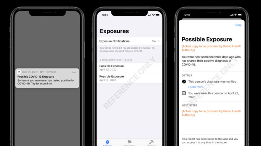 Sample screenshots of Apple and Google's upcoming exposure notification system.