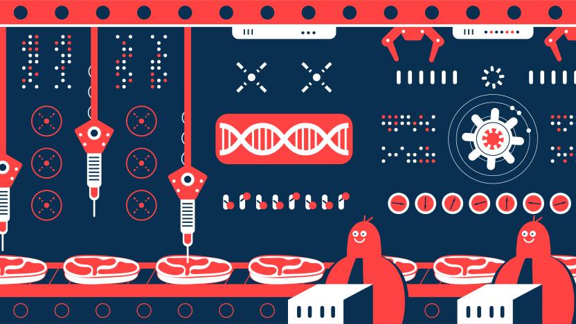 Genetically Modified Food vector art illustration.
Scientist (engineer, biochemist) team making cultured meat (artificial meat, in vitro meat, lab-grown burger) in a factory with production line. 
Genetic engineering, genetic modification, GMO and gene manipulation concept.