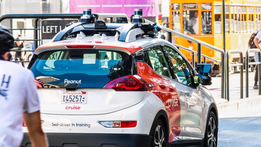 August 21, 2019 San Francisco / CA / USA - Cruise (owned by General Motors) self driving vehicle performing tests on the city streets; The company is using Chevrolet Bolt vehicles