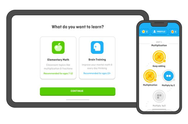 A render if a tablet and a smartphone, showing Duolingo's new Math app.