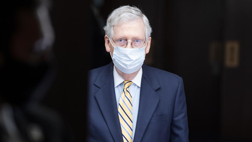 UNITED STATES - MAY 13: Senate Majority Leader Mitch McConnell, R-Ky., leaves the Senate Republican luncheon in Hart Building on Wednesday, May 13, 2020. (Photo By Tom Williams/CQ-Roll Call, Inc via Getty Images)