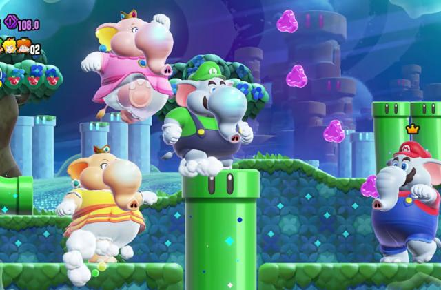 Elephant versions of Mario, Luigi, Peach and Daisy in Super Mario Bros. Wonder.