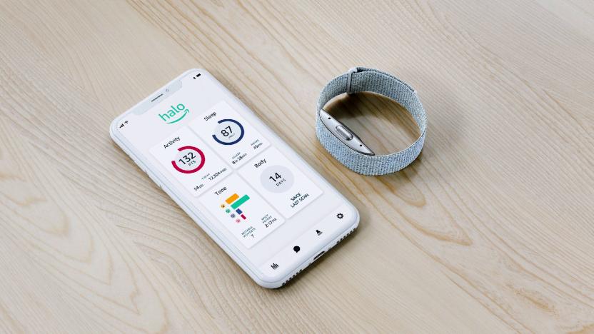 The Amazon Halo app shown on a phone screen next to a wrist-worn wearable.