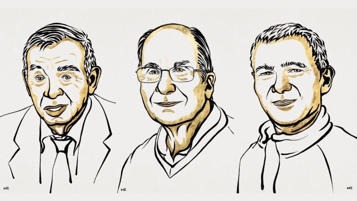 Simple sketches of the three 2023 Nobel Prize in Chemistry winners: Alexei I. Ekimov, Louis E. Brus and Moungi G. Bawendi.