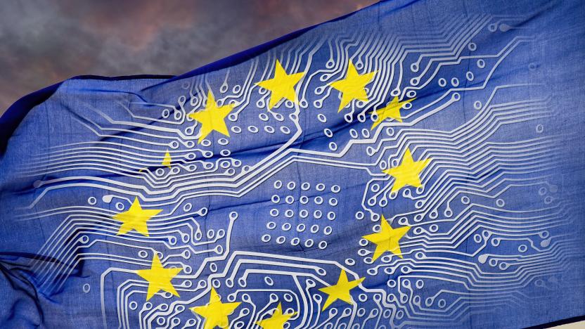 European flag with board in front of dramatic sky