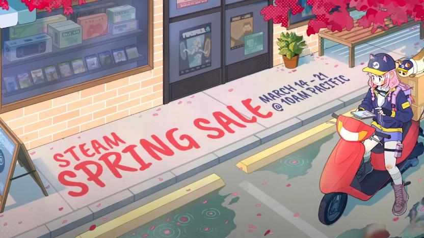 An anime-style illustration showing a young girl on a moped with a cot on the rear outside a store. Text reads "Steam Spring sale. March 14 to 21 at 10AM Pacific."