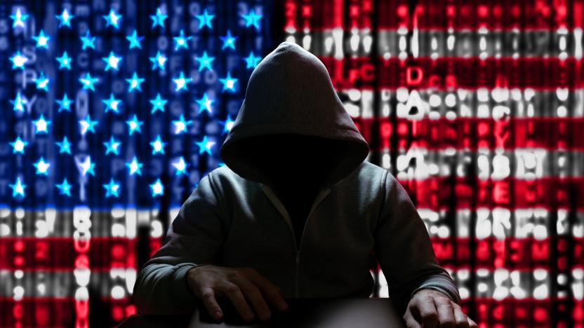 Cyberattack from the USA. An American hacker turns on a laptop, sitting at a table, on a background of binary code, the colors of the USA flag. DDoS attack