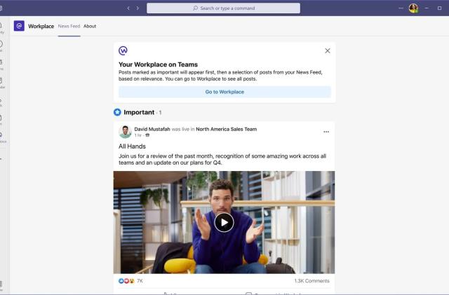 A screenshot showing Meta's Workplace news feed in the Microsoft Teams app.