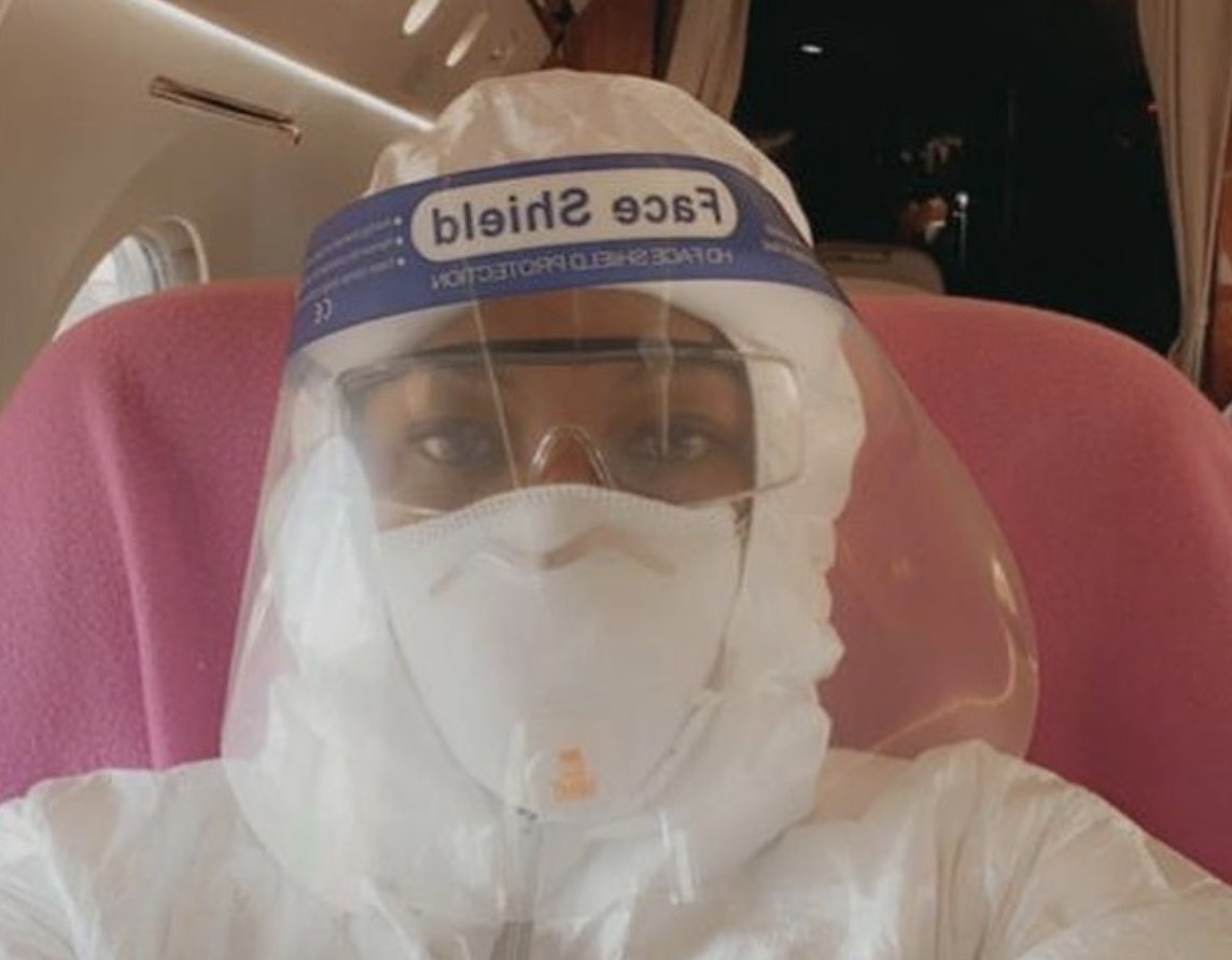 Naomi Campbell wears hazmat suit and face shield for flight during