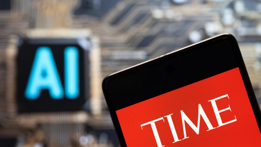 CHINA - 2023/11/03: In this photo illustration, the American weekly news magazine and news website Time logo seen displayed on a smartphone with an Artificial intelligence (AI) chip and symbol in the background. (Photo Illustration by Budrul Chukrut/SOPA Images/LightRocket via Getty Images)