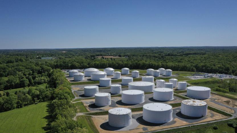 WOODBINE, MD - MAY 13: In an aerial view, fuel holding tanks are seen at Colonial Pipeline's Dorsey Junction Station on May 13, 2021 in Woodbine, Maryland. The Colonial Pipeline has returned to operations following a cyberattack that disrupted gas supply for the eastern U.S. for days. (Photo by Drew Angerer/Getty Images)