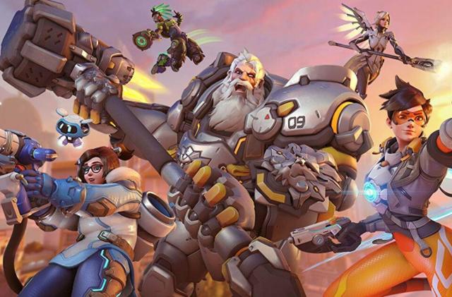 Group shot of some of Overwatch 2's heroes, including Tracer, Mei, Mercy, Reinhardt and Lucio.